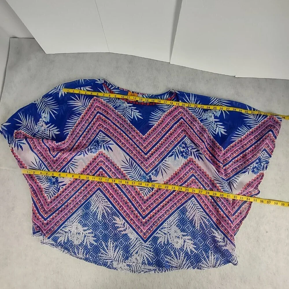 Ruby Rd Women's Blue, Pink, Tropical Chevon Chiffon Poncho Blouse, Top Size 2X - Picture 8 of 10